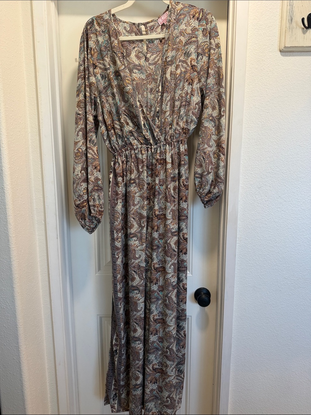 Cienna designs Paisley long sleeve silk romper  with gold